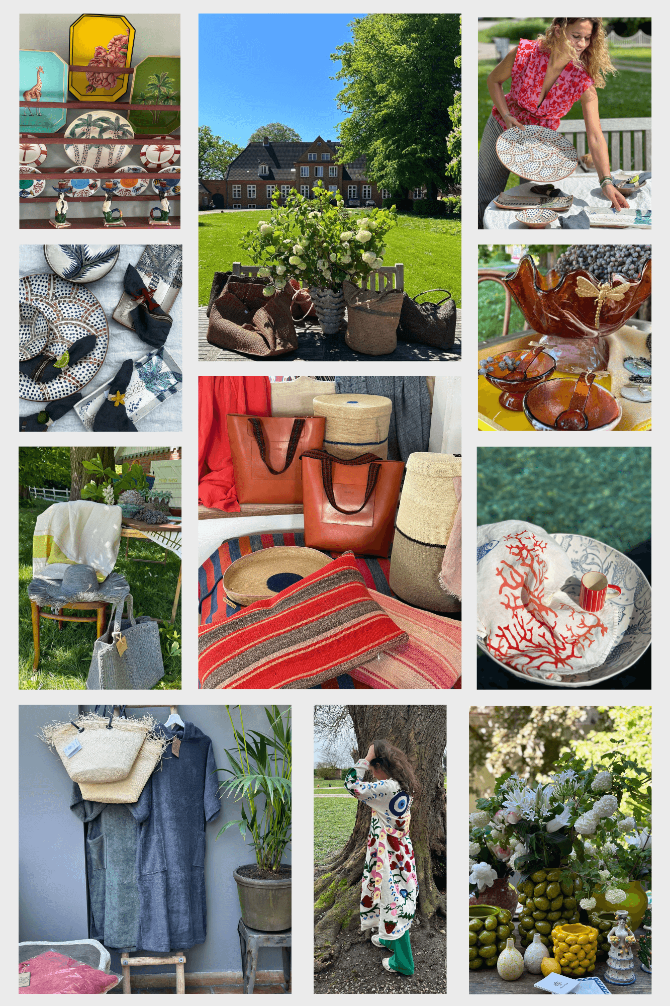 A Collage that shows interior design pieces, that can be bought at the BOX - Interior and Fashion, close to Strande, near Kiel. The Image shows a variation of bags, plates, glasses and environmental backgrounds. 