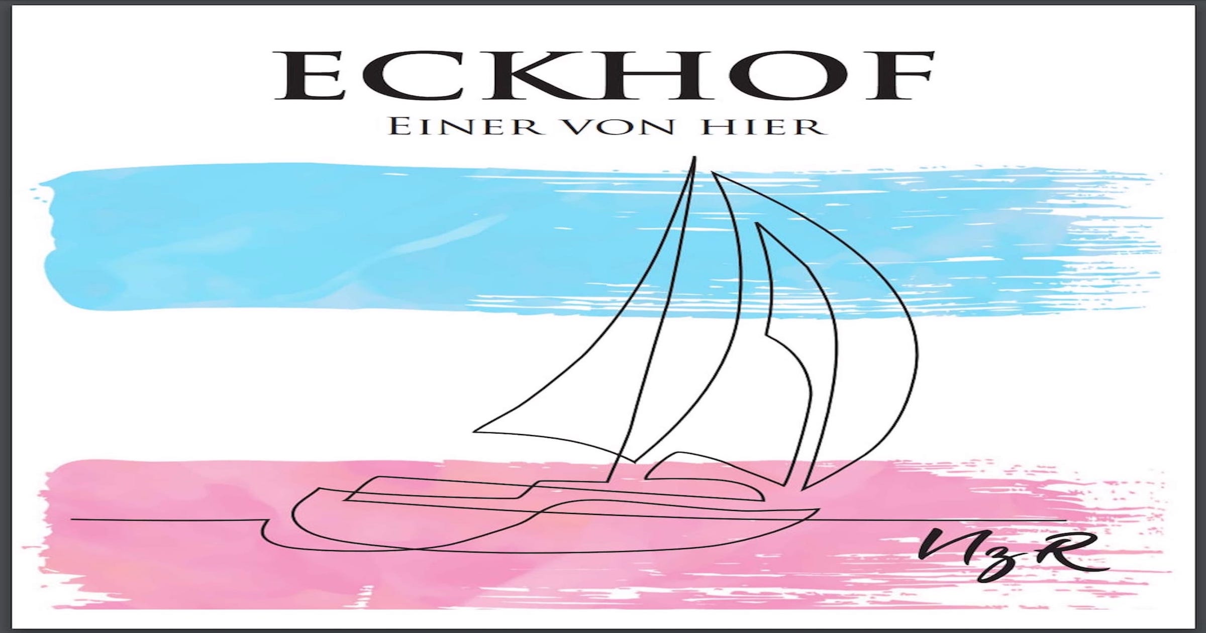 Logo of Eckhof showing a sailing boat with a 3 colored background in red white and blue.